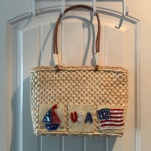 Patriotic Red, White, Blue Sequin Straw Woven Bag